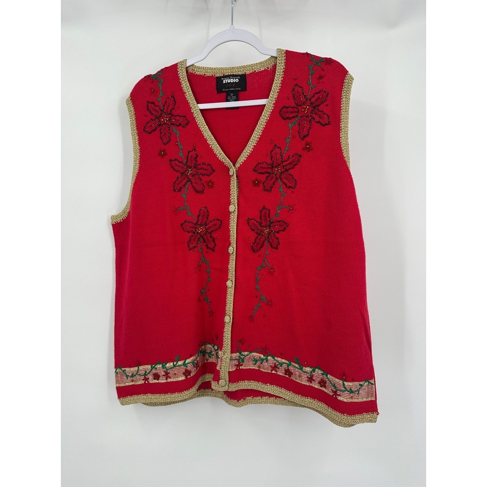 Womens Vintage Ugly Christmas Sweater Vest Size 2X Embroidered Beaded Whimsical